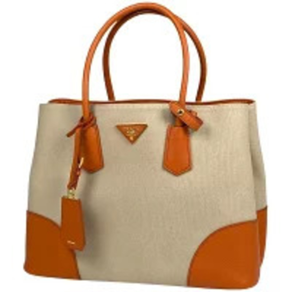 Prada Plate Tote Bag Shoulder Handbag Canvas Beige Orange